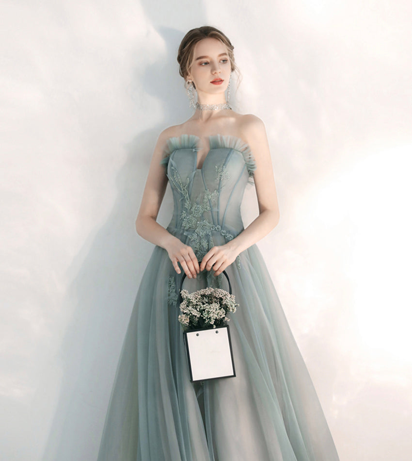 Stylish tulle lace long prom dress green evening dress  8547