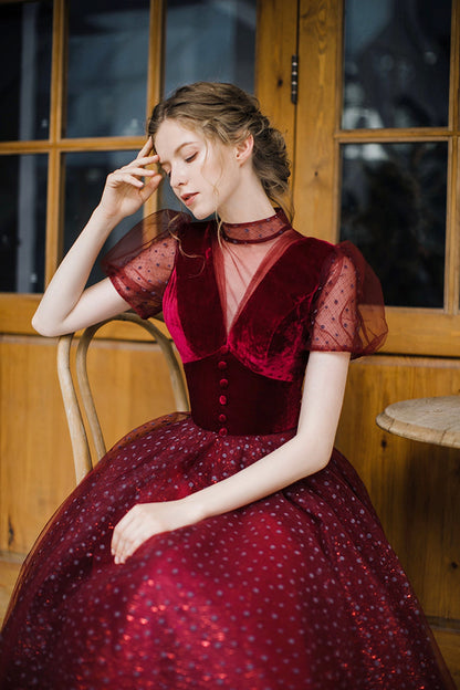 Burgundy tulle short prom dress A line evening dress  8647