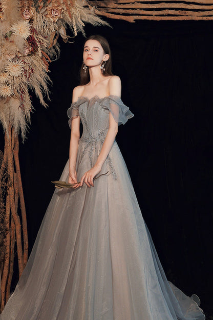 Shiny tulle long prom dress A line evening dress  8593