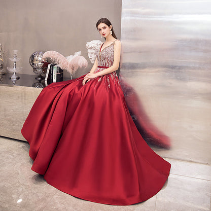 High quality v neck beads long prom dress red evening dress  8525