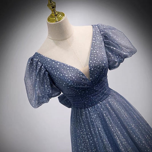 Blue v neck tulle long prom dress blue evening dress  8957