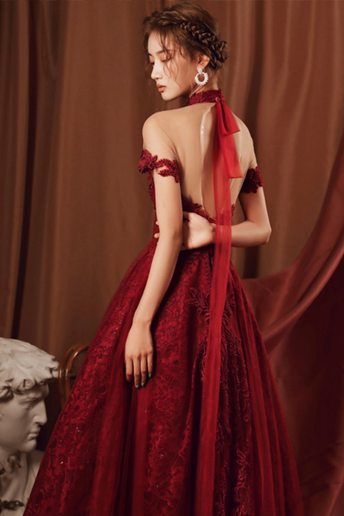 Burgundy tulle beads long A line prom dress evening dress  8761