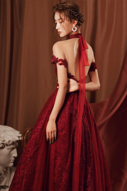 Burgundy tulle beads long A line prom dress evening dress  8761