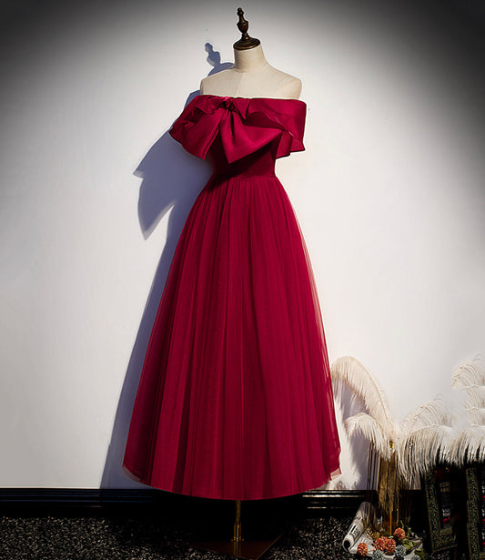 Burgundy tulle short A line prom dress party dress  8838