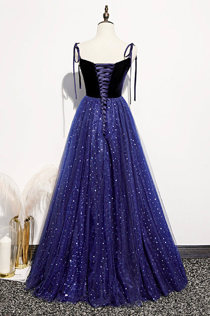 Blue velvet tulle long prom dress A line evening dress  8634