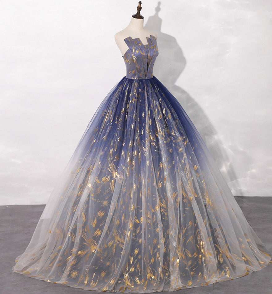 Blue tulle long prom gown blue evening dress  8462