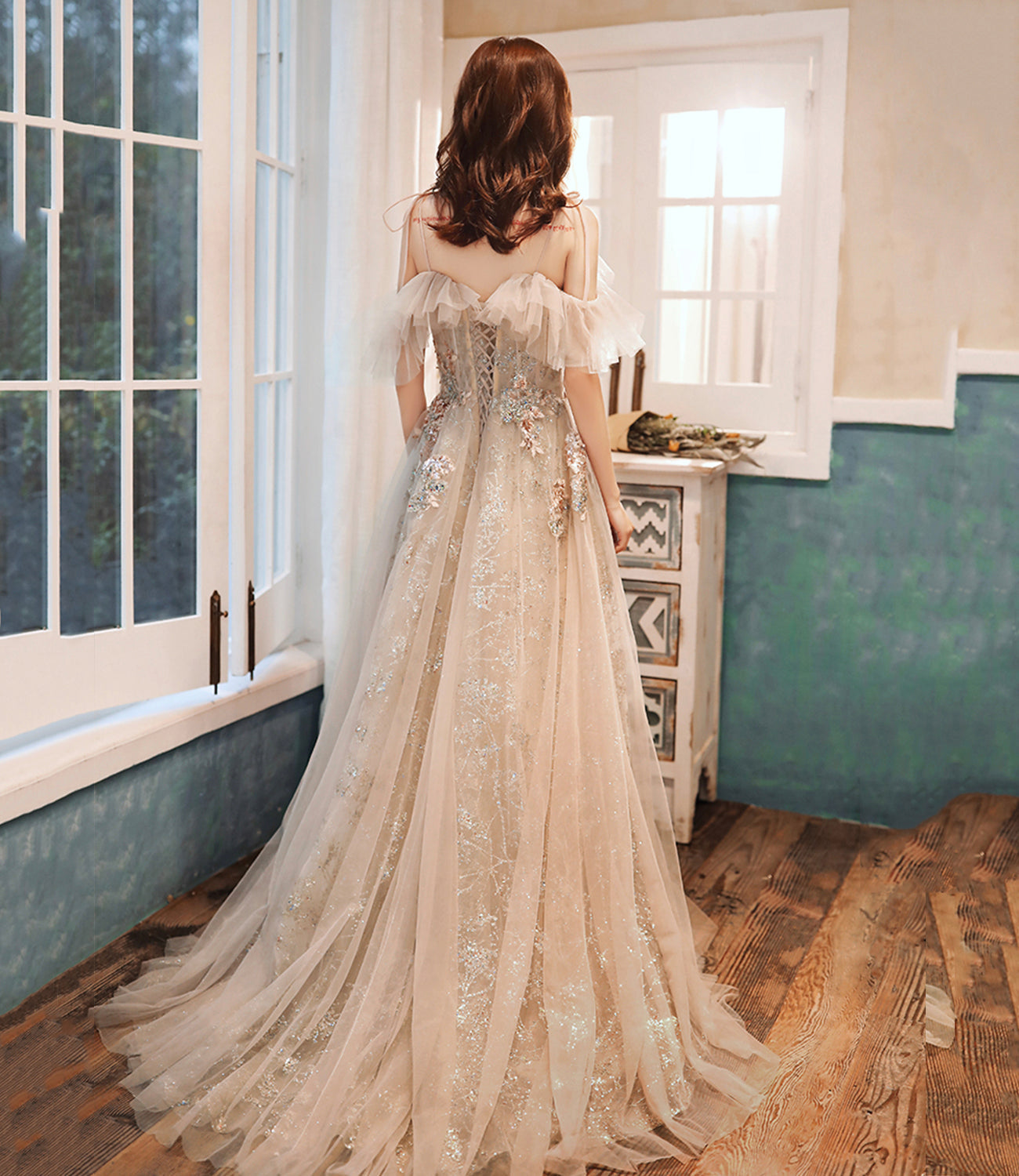 Cute tulle sequins long A line prom dress evening dress  8919