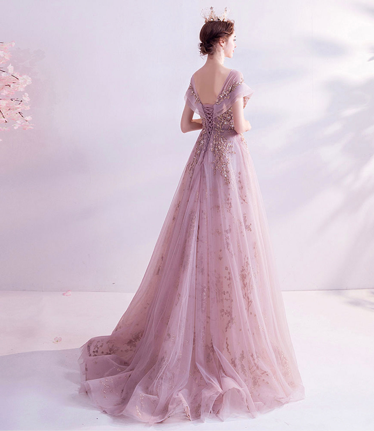 Pink tulle sequins long A line prom dress evening dress  8921