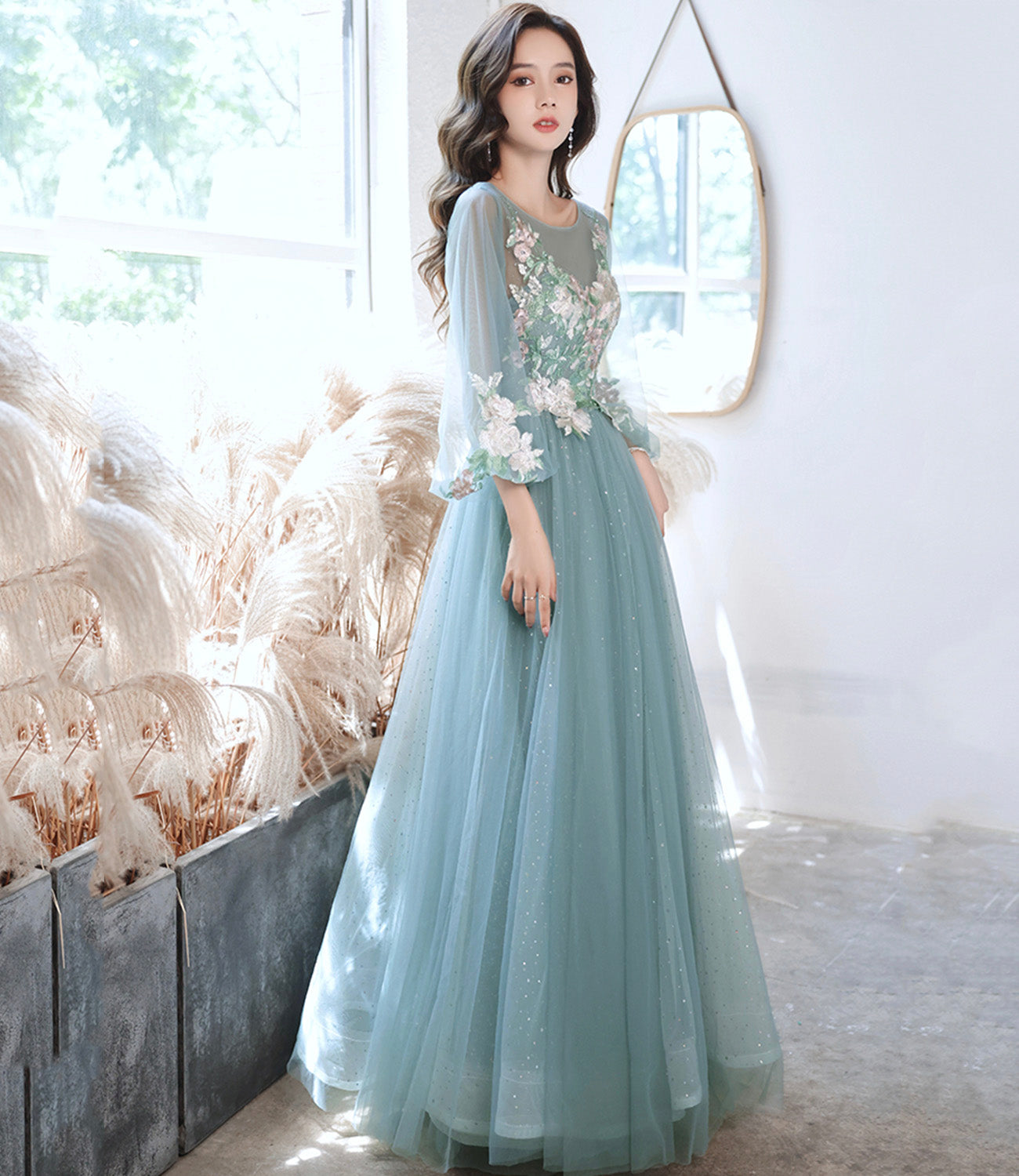 Blue tulle lace long prom gown evening gown  8942