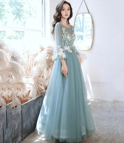 Blue tulle lace long prom gown evening gown  8942