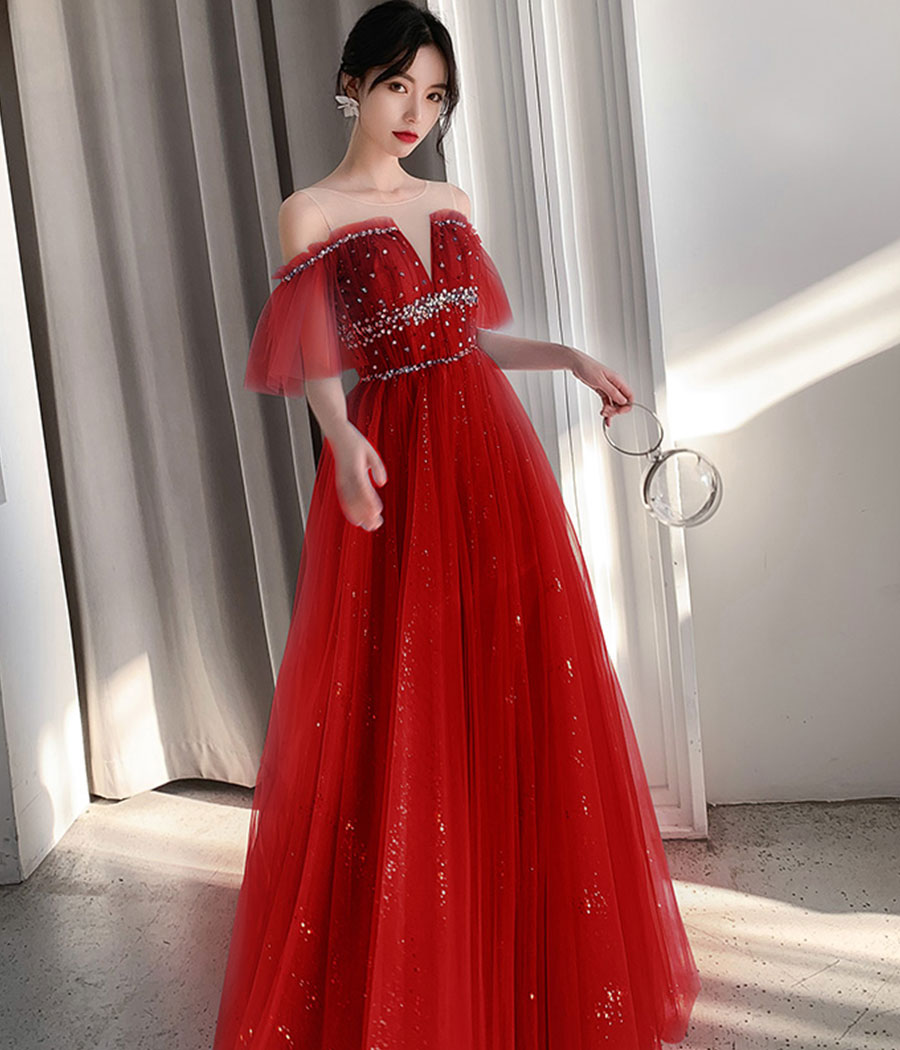 A line tulle sequins long prom dress  8341