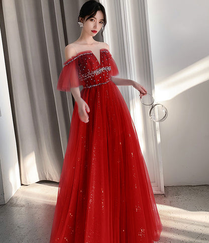 A line tulle sequins long prom dress  8341