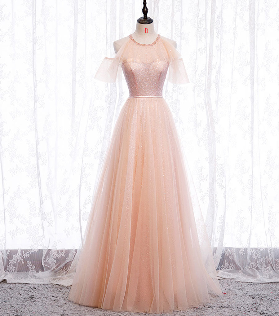 Pink tulle sequins long prom dress  8348