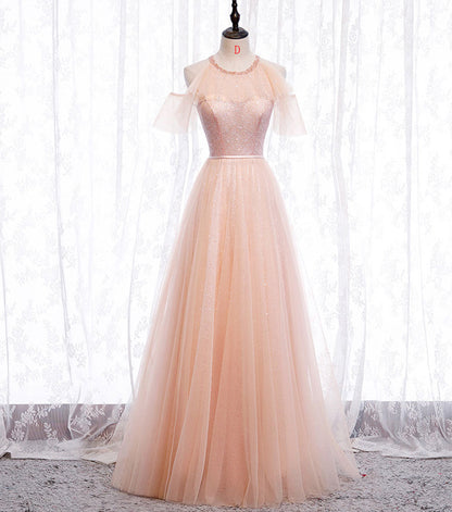 Pink tulle sequins long prom dress  8348