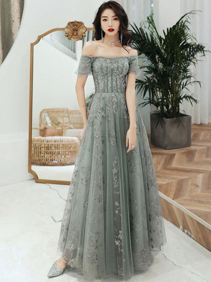 Gray tulle sequins long prom dress A line evening gown  10125