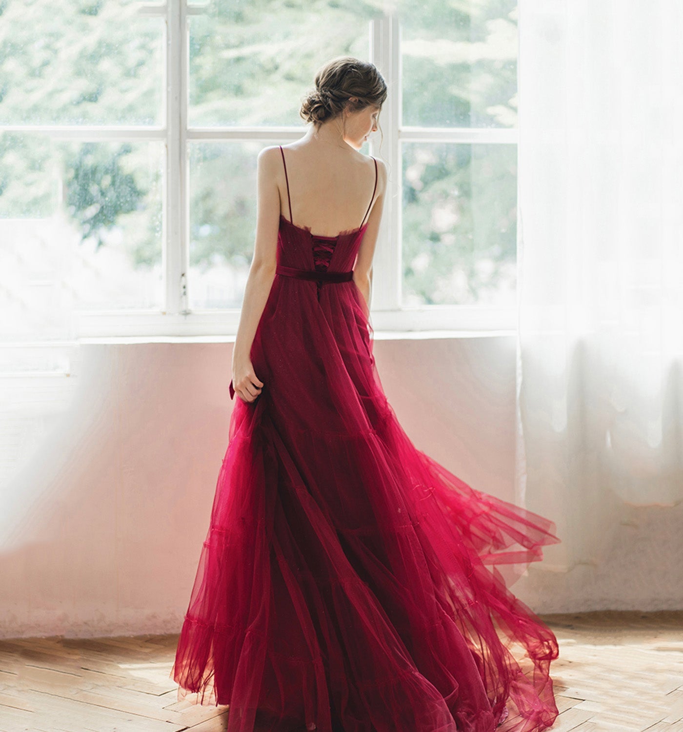 Cute tulle long A line prom dress evening gown  8947