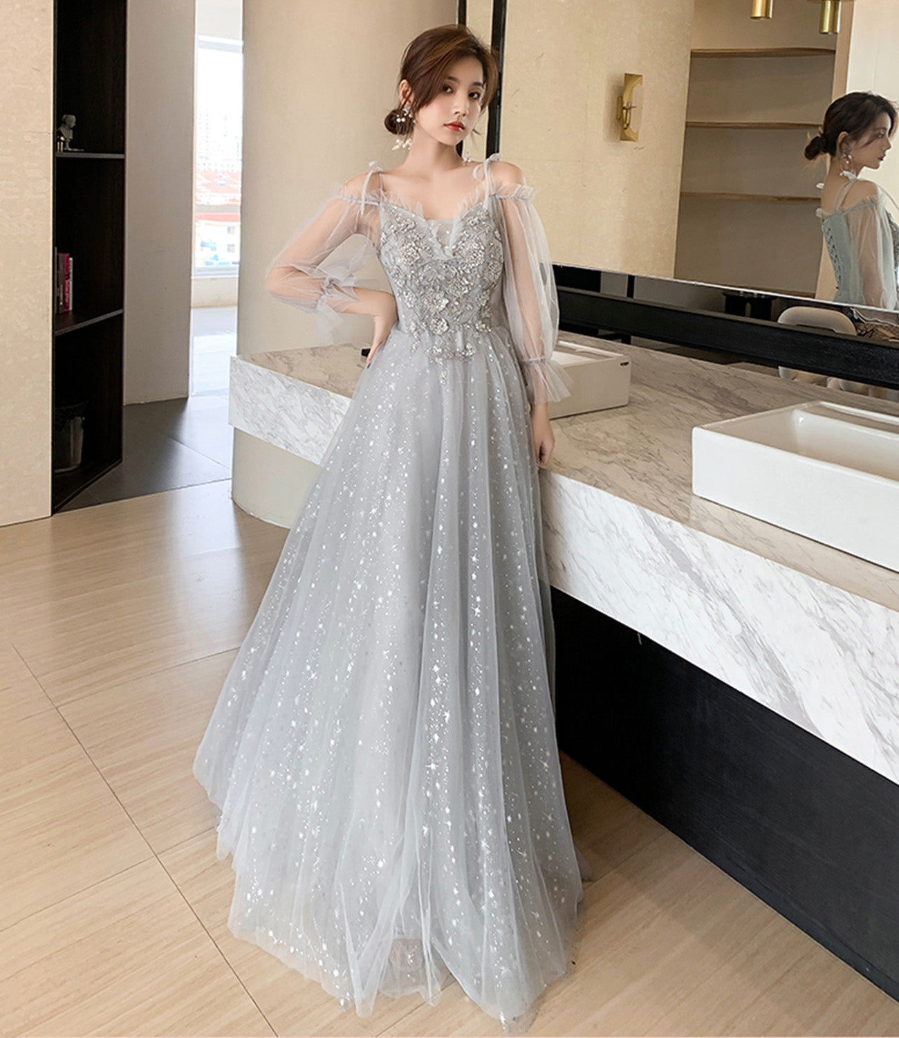 Gray tulle lace long prom dress evening dress  8945