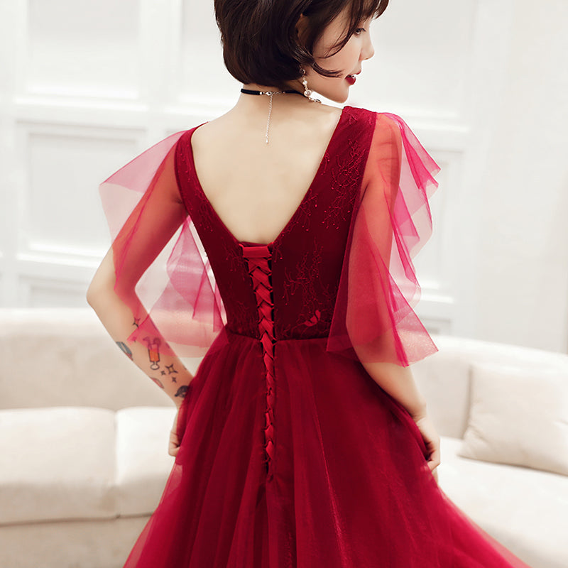 Burgundy v neck tulle lace long prom dress, evening dress  8029