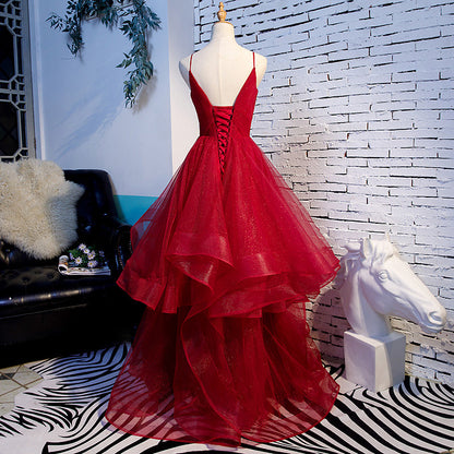 Burgundy v neck tulle long prom dress, evening dress  7985