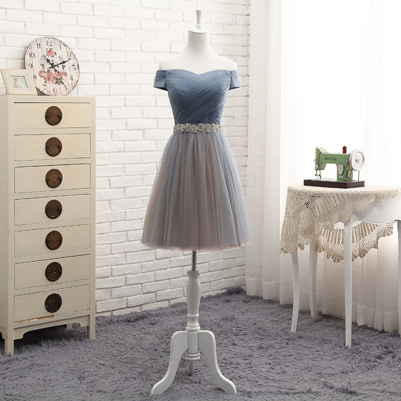 Gray tulle off shoulder prom dress, evening dress  7773