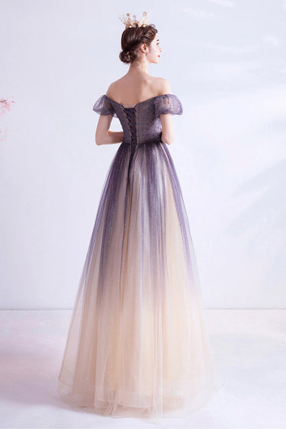 Purple tulle long A line prom dress evening dress  8771