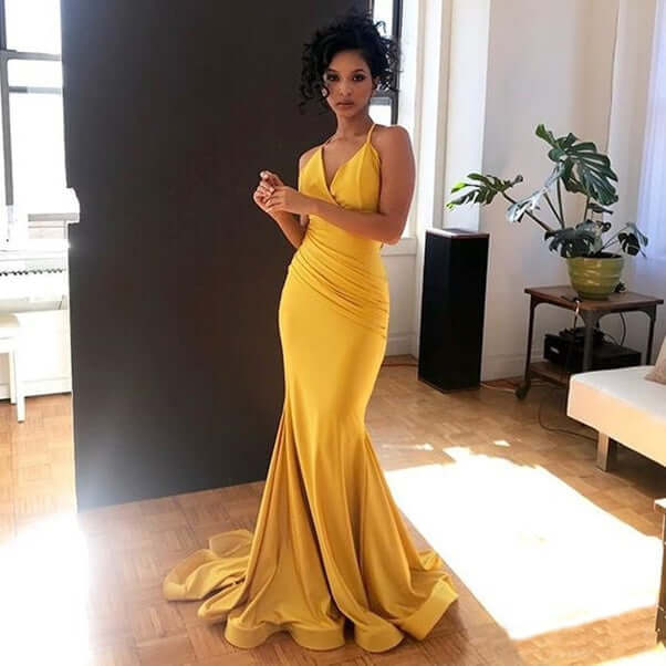 Vestido de fiesta amarillo con escote en V, vestido de noche de sirena sexy, vestidos largos de sirena