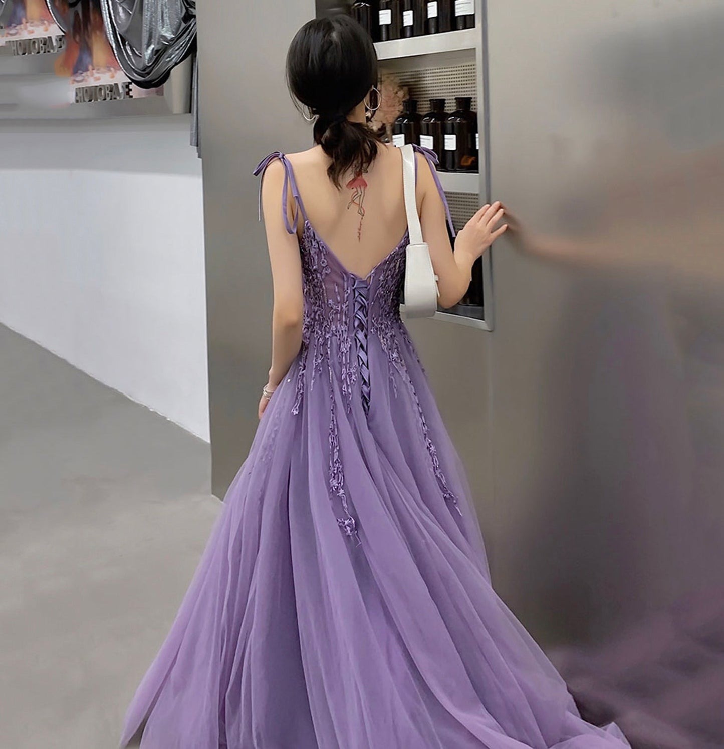 Purple tulle lace long prom dress A line evening gown  10127
