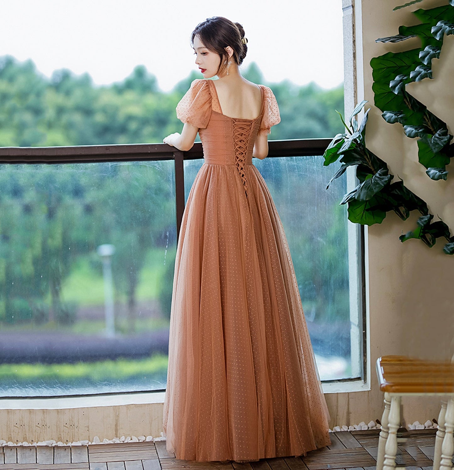 Cute tulle long prom dress A line evening gown  10128