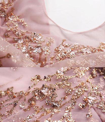 Pink tulle sequins long A line prom dress evening dress  8921