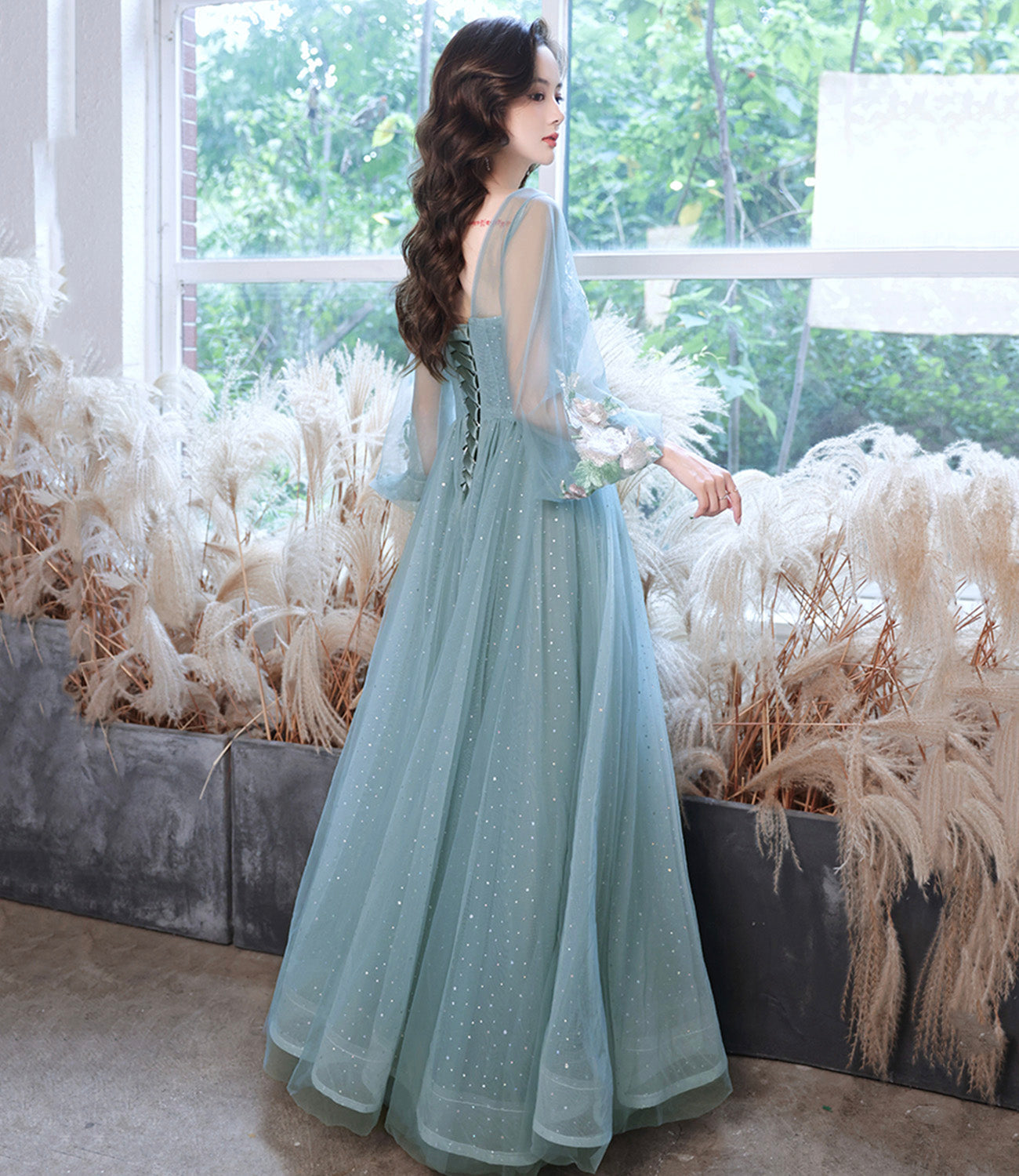 Blue tulle lace long prom gown evening gown  8942