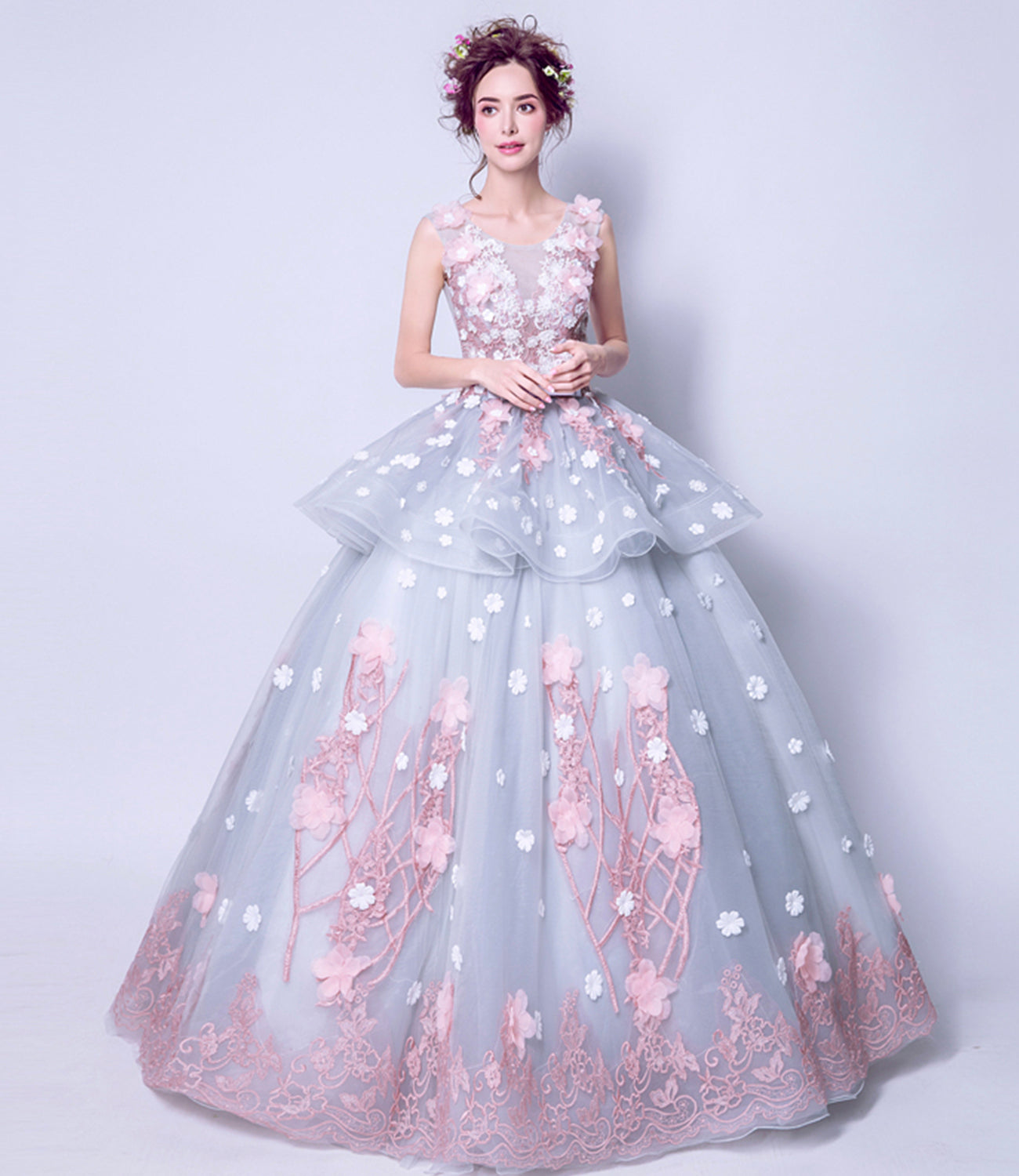 Blue tulle applique long ball gown dress formal dress  8922