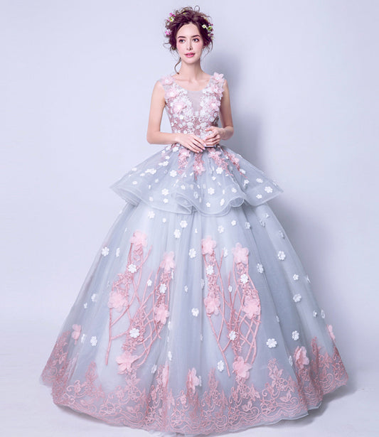Blue tulle applique long ball gown dress formal dress  8922