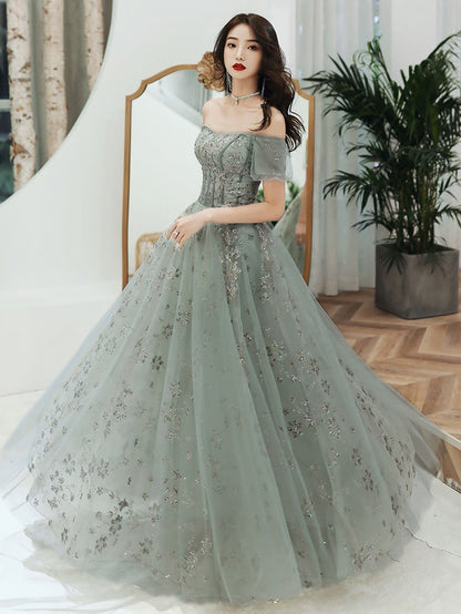 Gray tulle sequins long prom dress A line evening gown  10125