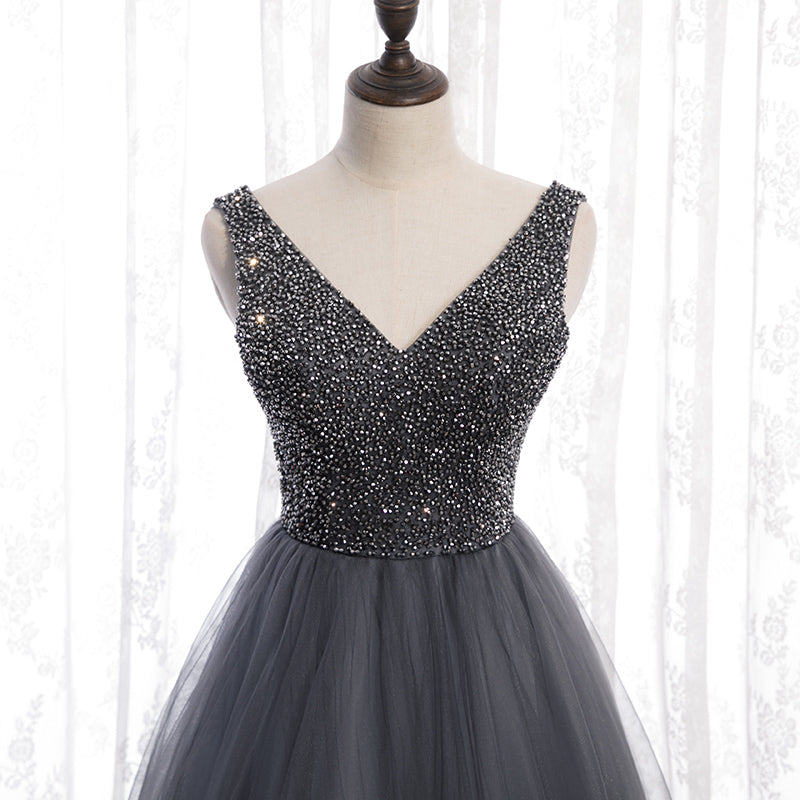 Gray v neck tulle beads long prom dress  8159