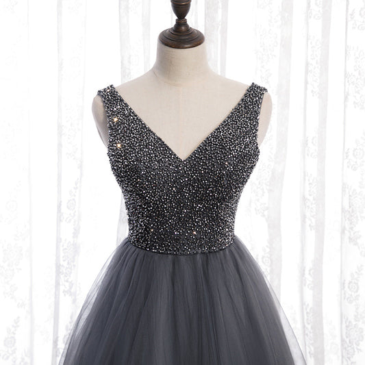 Gray v neck tulle beads long prom dress  8159