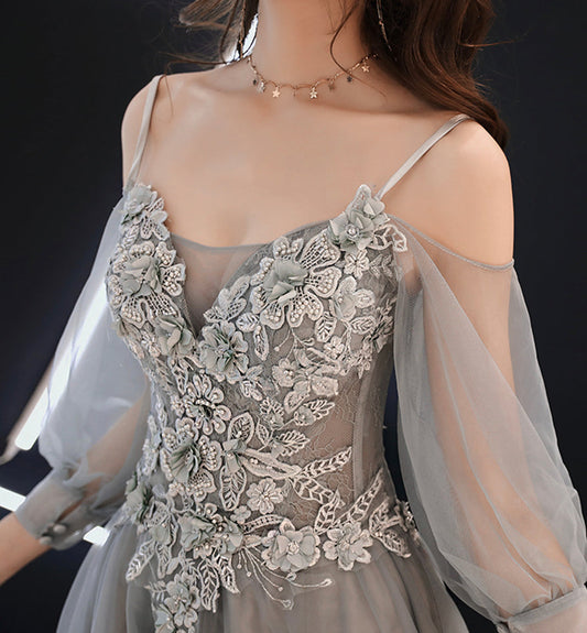 Gray tulle lace long A line prom dress evening dress  8477