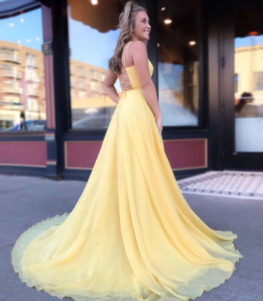 Yellow chiffon long prom dress evening dress  8189