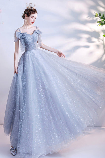Gray tulle sequins long A line prom dress evening dress  8690