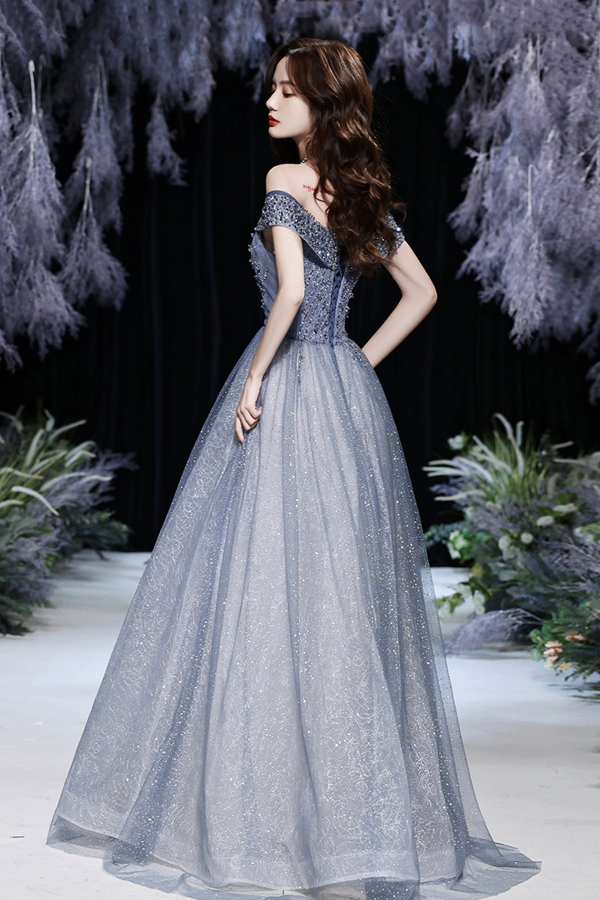 Grey tulle beads long prom dress shiny evening dress  8569