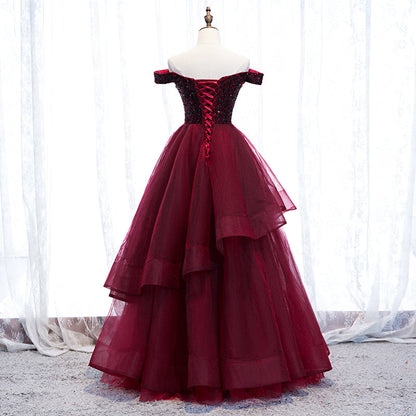 Burgundy tulle long prom gown formal dress  8270