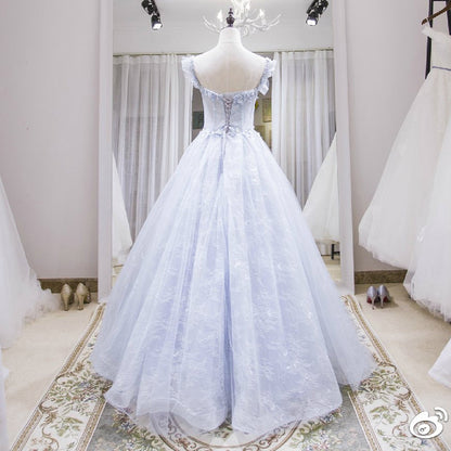 Blue tulle lace long prom gown evening dress  8273