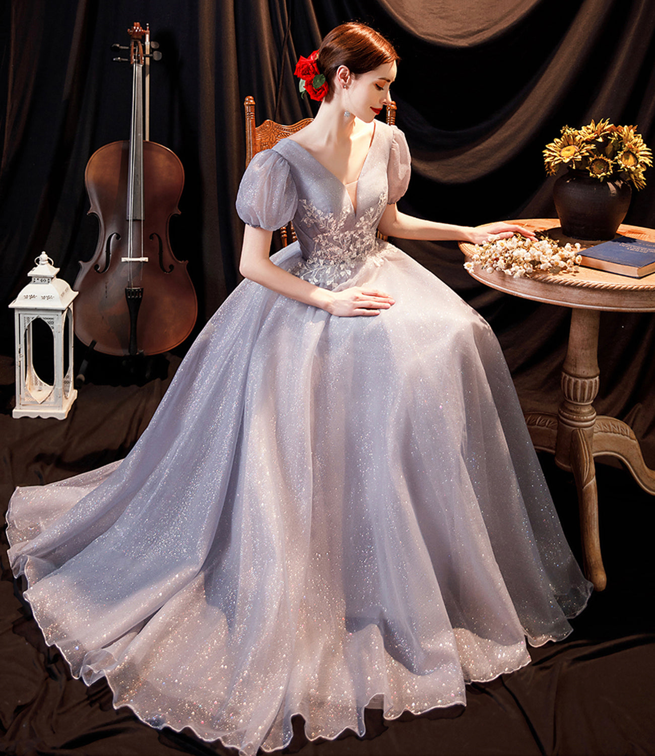 Gray tulle sequins long A line prom dress evening dress  8814