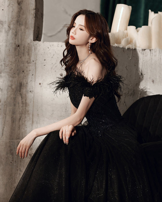 Black tulle beads long A line prom dress evening dress  8706