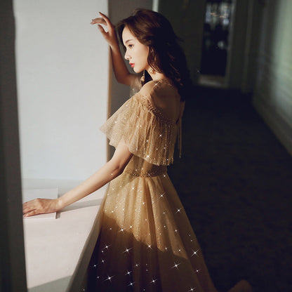 Gold sequins tulle long prom dress  8171