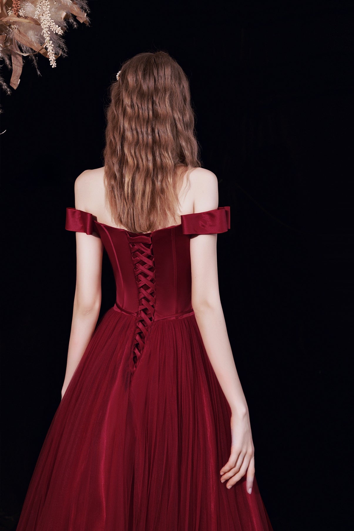 Burgundy tulle long A line prom dress evening dress  8678