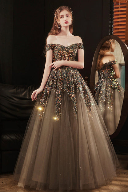 Shiny sequins long prom dress A line evening dress  8577