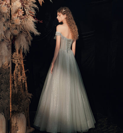 Shiny tulle sequins long prom dress green evening dress  8620