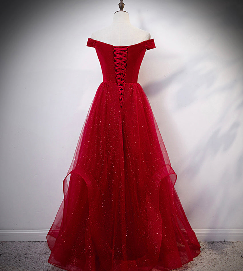Burgundy tulle long prom dress evening dress  8389