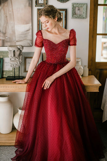 Burgundy Sparkling Beaded A-line Long Tulle Elegant Ball Gown Evening Dress 8645