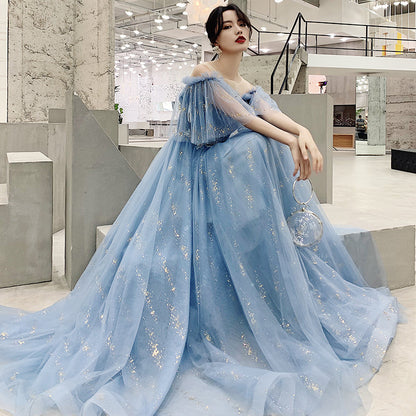 Blue tulle sequins long prom dress evening dress  8322
